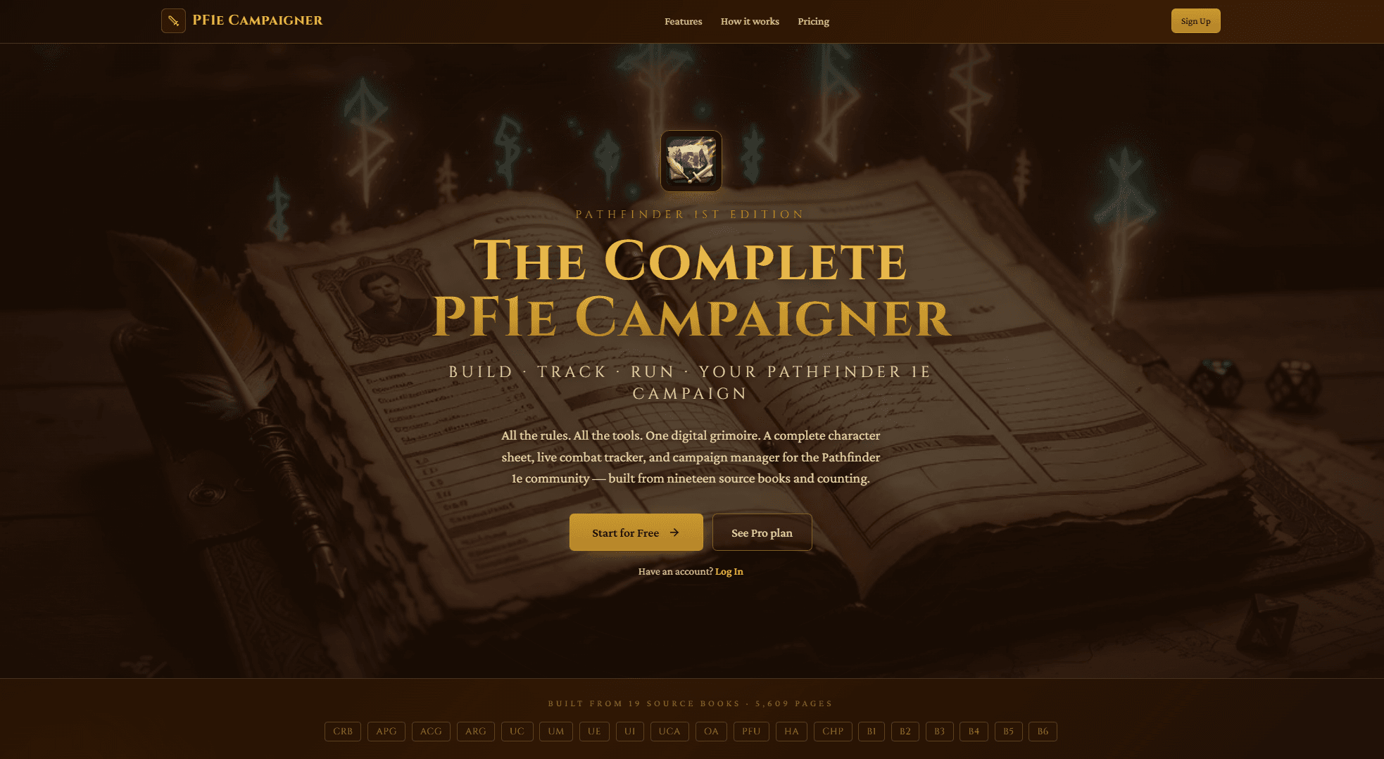The PF1e Campaigner landing page: a hero over an open spellbook, with the Pathfinder 1st Edition tagline and a row of the 19 source books it draws from.
