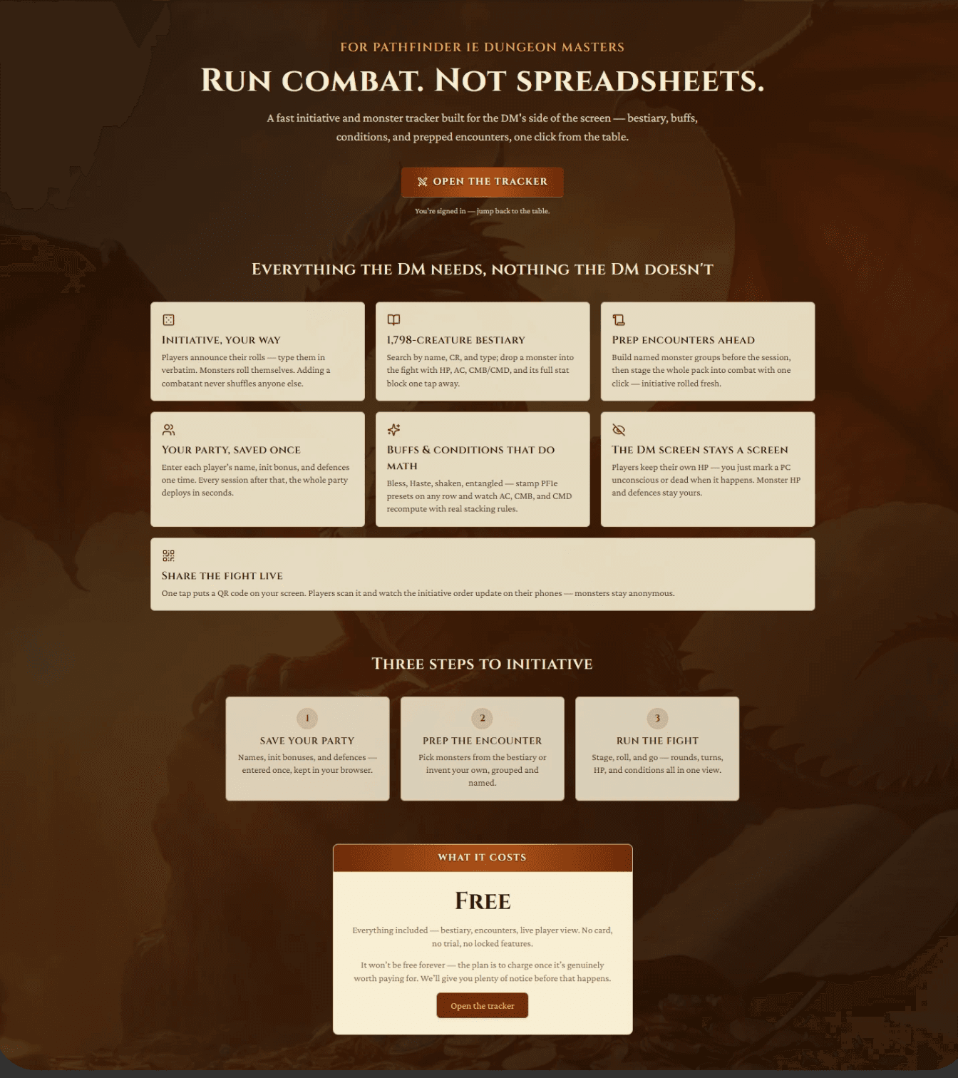 The PF1e Combat Tracker landing page: the headline “Run combat. Not spreadsheets.” over dragon-hoard art, a grid of seven feature cards, a three-step guide to running a fight, and a pricing panel reading Free.