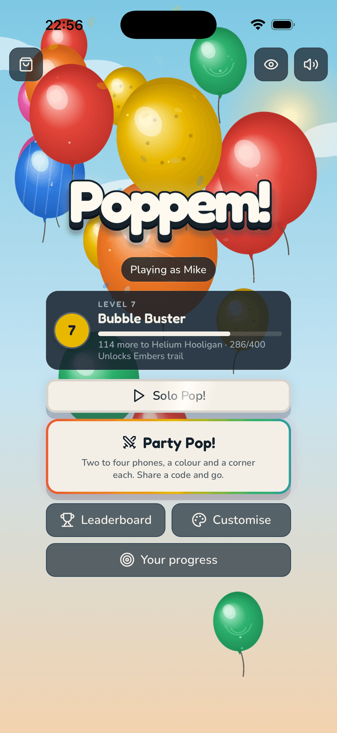 The Poppem! title screen: the name over a bunch of balloons, a level 7 Bubble Buster rank card, and buttons for Solo Pop!, Party Pop!, Leaderboard, Customise and Your progress.