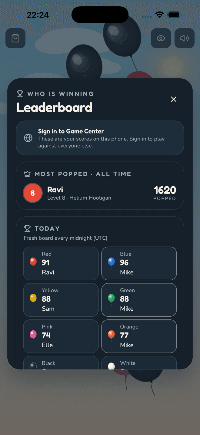 The Leaderboard panel: a Game Center sign-in prompt, the all-time most-popped leader, and today's boards for each of the eight colours.