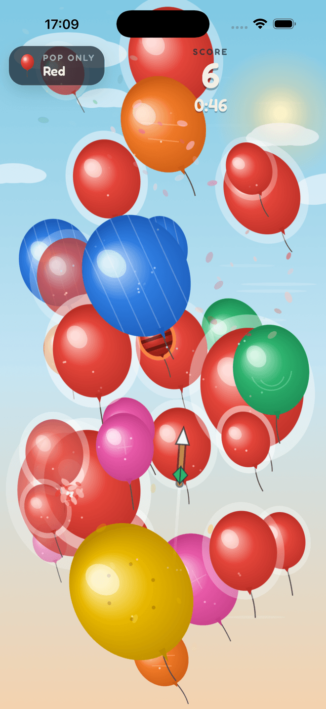 A Poppem! run in progress: “Pop only Red” in the corner, a score of 6 with 46 seconds left, and a sky crowded with red, blue, orange, green, pink and yellow balloons as an arrow flies up through them.